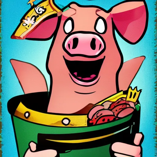 Prompt: happy pig in crown comic book art