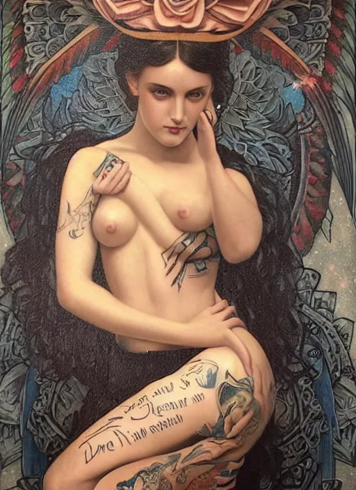 Image similar to beautiful enlightened woman with tattoos, tattooed skin, oil painting, robe, symmetrical face, dark ritual myth, by john william godward, anna dittman, sandra chevrier masterpiece