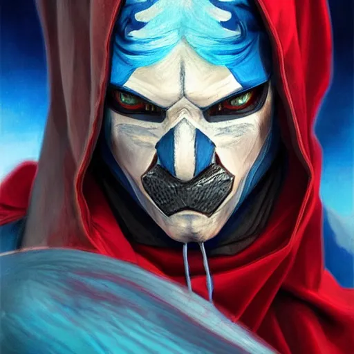 Prompt: ultra realistic illustration, man with black hair with a black mask, in a hood in the form of a blue shark with white teeth, red and blue eyes, mysterious, poker man, highly detailed, digital painting, artstation, concept art, smooth, sharp focus, illustration, art by artgerm and greg rutkowski and alphonse mucha