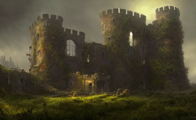 Image similar to wide angle shot of an old castle covered by plants with moody and cinematic lighting by greg ruthkowski and craig mullins and caspar david friedrich, cinematic and atmospheric, concept art, artstation, trending on artstation