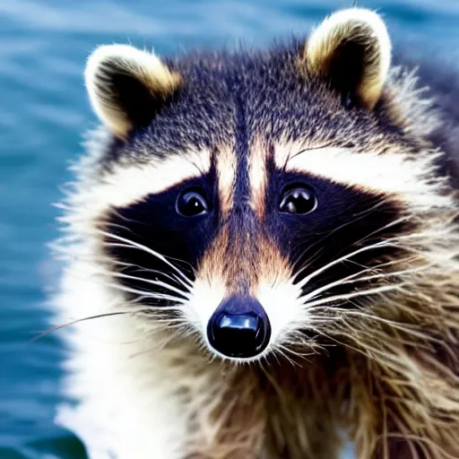 Prompt: raccoons drive a small boat to iceland filled with pancakes