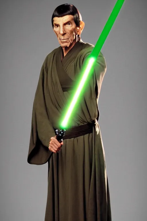 Image similar to photorealistic!! leonard nimoy as a jedi knight, brown jedi robe, holding a green lightsaber, film quality