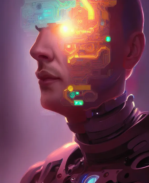 Image similar to a whirlwind inside the metaverse, guy, male, man, hologram, half body, neurochip, android, cyborg, cyberpunk face, by loish, d & d, fantasy, intricate, elegant, highly detailed, colorful, digital painting, artstation, concept art, art by artgerm and greg rutkowski and alphonse mucha