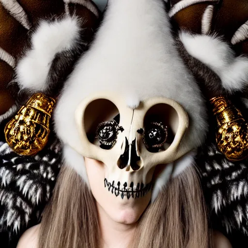 Image similar to a photographic portrait of a anthropomorphic norse mythology mimosa, wearing furry clothes and artifact head gear made of deer horn and skull bones embaded with jewels in the style of heilung an experimental folk music band, elegant, highly detailed, hyper realism, 4k, DSLR, artstation, smooth, sharp focus, octane render, 3d, good clear quality, lighting, biology, symmetrical artwork, perfect face, high detail, octane render