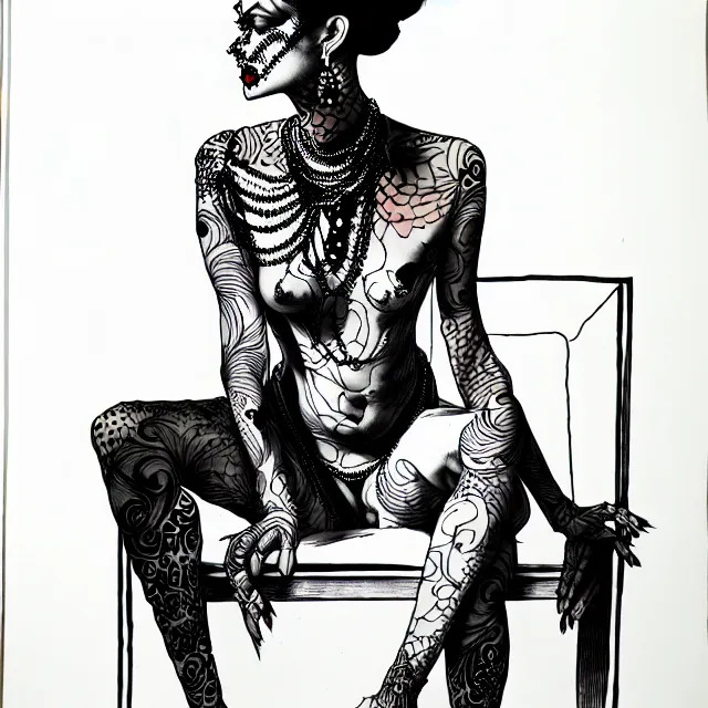 Image similar to salome full figure sitting on throne ink drawing by james jean very detailed high contrast xuan paper