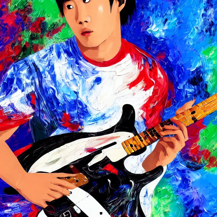 Image similar to abstract swirly brush strokes painting of a young korean man wearing black t shirt holding a telecaster!!! electric guitar!!, dark background, huge thick flowing dramatic brush strokes, matte colors, abstract, emotional masterpiece, impressionist, trending on artstation