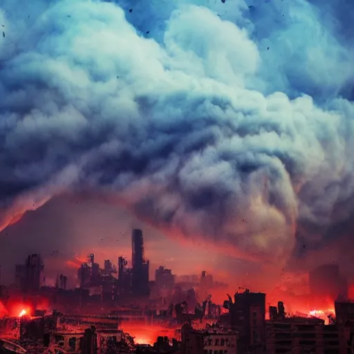 Image similar to destroyed city, dystopian, war, real, thick vivid blue smoke, red clouds, detailed, award winning, masterpiece