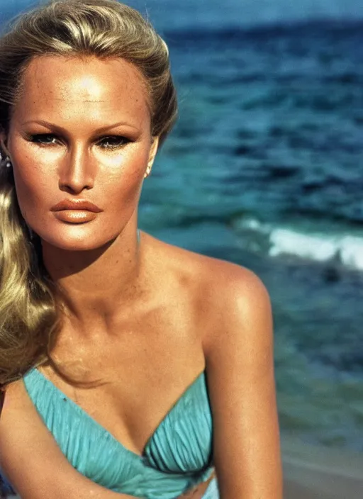 Image similar to A hyper realistic and detailed head portrait photography of Ursula Andress of Dr No walking on a secluded beach. by William Egglestone. 1980s art deco revival style. Cinematic. Golden Hour. Kodak Portra 400. Lens flare. 85mm lens
