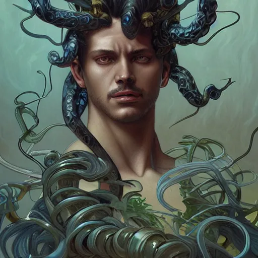 Image similar to male medusa, highly detailed, digital painting, artstation, concept art, smooth, sharp focus, illustration, art by artgerm and greg rutkowski and alphonse mucha