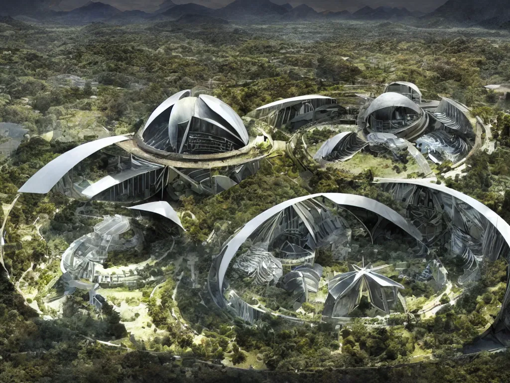 Image similar to An IMAX view of an enormous arcology in a New Zealand landscape, by Paolo Soleri and Federico Peat and Alejandro Burdisio