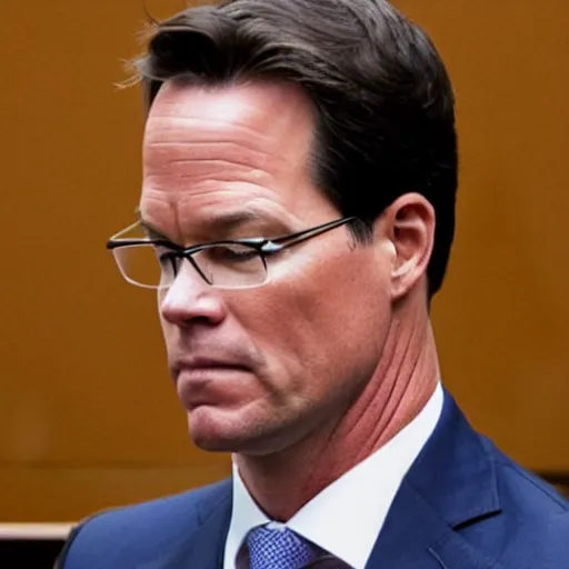 Prompt: hyperrealistic photograph of Mark Rutte in courtroom