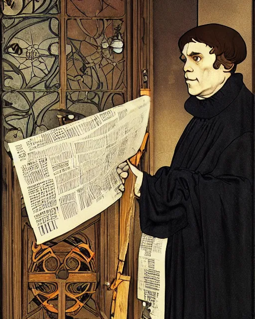 Image similar to A painting of Martin Luther holding a mallet and nailing a cartoon paper-skeleton Halloween decoration to the door of a suburban home, in the styles of Ferdinand Pauwels, Greg Rutkowski, Alphonse Mucha, and Tim Burton, intricate, hyperrealistic, accurate facial details, volumetric lighting