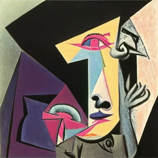 Prompt: picasso snorting a line of pixie dust in a fragmented haze of pink floyd album covers