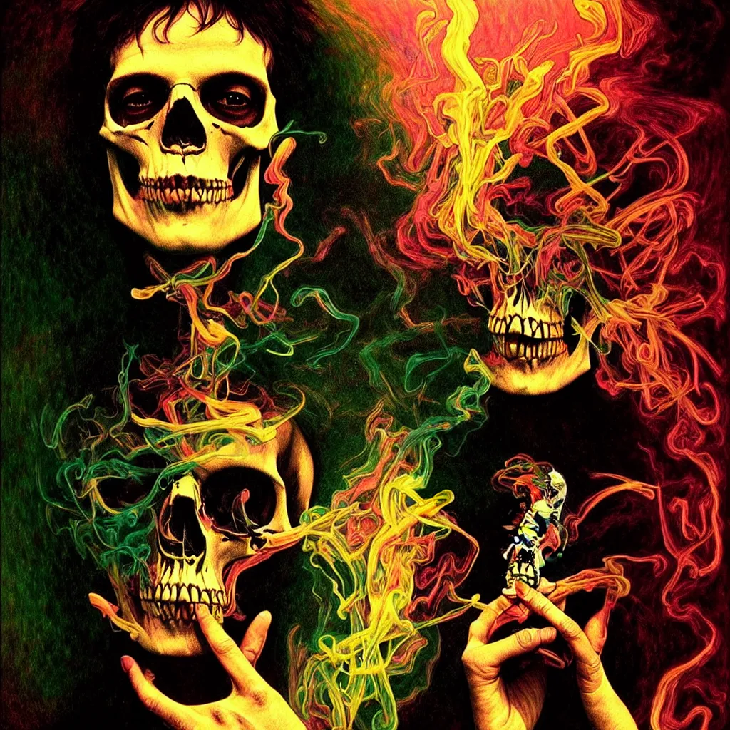 Prompt: bright psychedelic photo of SYD BARRETT SKULL SMOKING, diffuse lighting, fantasy, intricate, elegant, highly detailed, lifelike, photorealistic, digital painting, artstation, illustration, concept art, smooth, sharp focus, art by John Collier and Albert Aublet and Krenz Cushart and Artem Demura and Alphonse Mucha