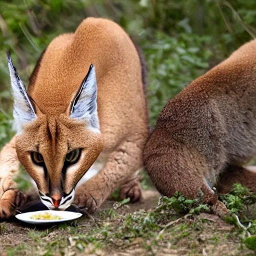 Prompt: Caracal eats dumplings