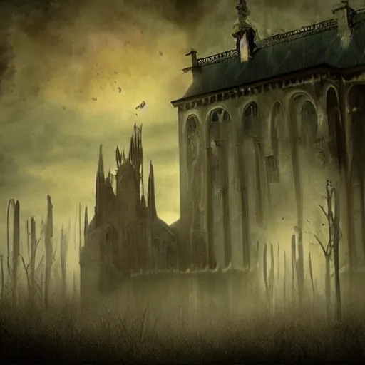 Prompt: a beautiful dark! gothic!! matte painting!!! of a twirling!!!! twisted haunted house, blood, ghosts