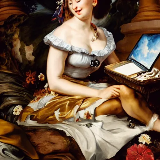 Image similar to heavenly summer sharp land sphere scallop well dressed lady working on her laptop auslese, by peter paul rubens and eugene delacroix and karol bak, hyperrealism, digital illustration, fauvist, looking at her imac laptop