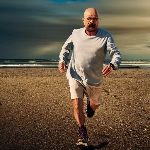 Image similar to Walter White running on the beach, artistic, 8k, cinematic, accurate, symetric, face, dramatic lighting, pastel colours