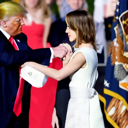 Prompt: trump passing the presidential sash to emma watson, press photo, reuters