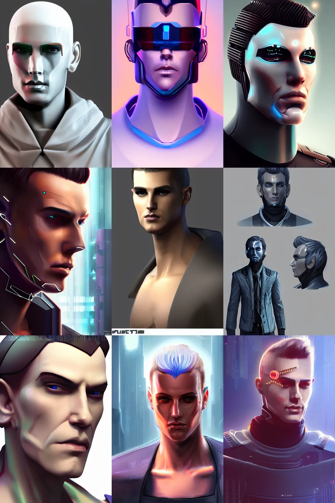 Prompt: Cyberpunk handsome male android with discreet facial implants. Full body view of the character. Trending on ArtStation