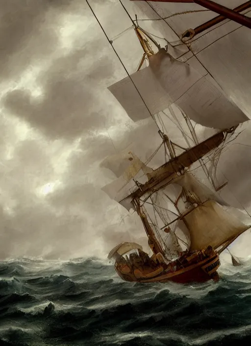 Prompt: close - up portrait of a male sailor with two peglegs and two hook hands in foreground, fat obese seaman with beard, steering the rudder wheel of a wooden galleon tallship through a rain and lightning storm. view from on deck, sails masts rigging ropes pulleys, detailed dynamic light painting by peter mohrbacher