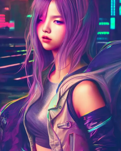 Image similar to beautiful digital painting of lalisa cyberpunk background with high detail, 8 k, stunning detail, neon lights, photo by wlop, artgerm and greg rutkowski and alphonse mucha, unreal engine 5, 4 k uhd