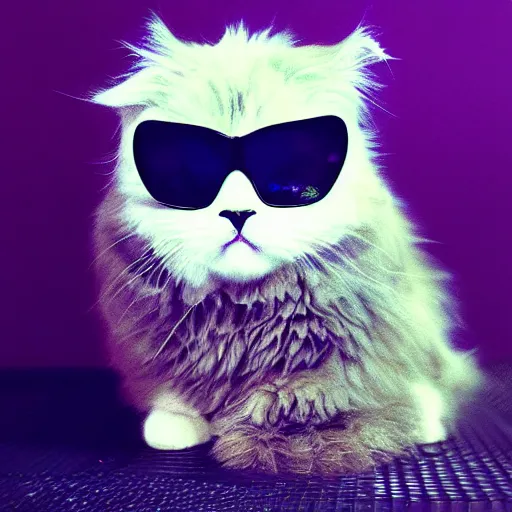 Prompt: the fluffiest cat in the entire Universe, wearing sunglasses, synthwave style