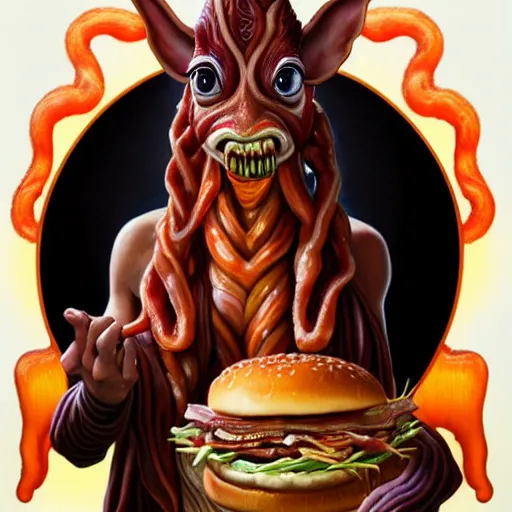 Prompt: detailed full body concept art illustration oil painting of Jar Jar Binks eating hamburgers, extra ketchup, bacon lettuce and tomatos, oriental art nouveau, frock, mid body, radiant halo of light, black gold smoke ink, woman covered in bacon and cheese, peter mohrbacher, artgerm