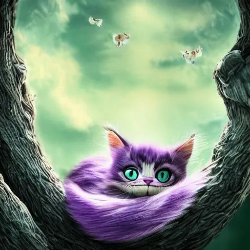 Image similar to full body pose, hyperrealistic photograph of the cheshire cat as a cute kitten, dim volumetric lighting, 8 k, octane beautifully detailed render, extremely hyper detailed, intricate, epic composition, cinematic lighting, masterpiece, trending on artstation, very very detailed, stunning, hdr, smooth, sharp focus, high resolution, award, winning photo, dslr, 5 0 mm