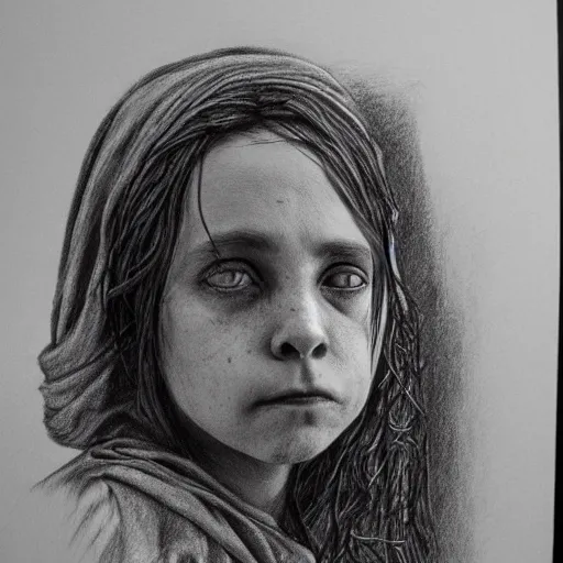 Image similar to a pencil drawing portrait of dirty poor sad victorian girl, dressed in rags, ultra realistic, concept art, detailed