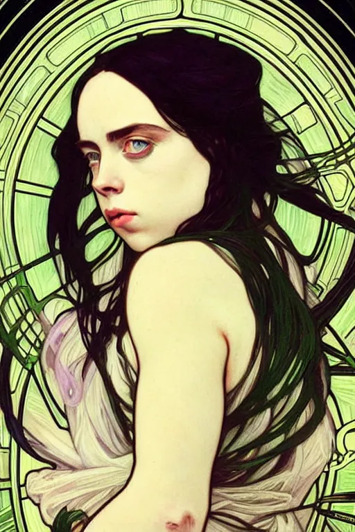 Prompt: Billie Eilish as female loki by alphonse mucha, hyper detail, hyper realistic