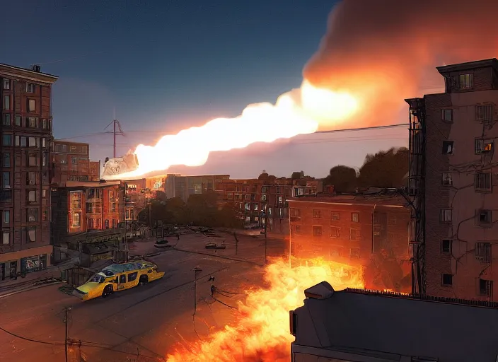 Image similar to crowd of working citizens carrying daily routines on the backdrop of multiple smoke trails of missile warheads hits explosions destroying residential buildings, DSLR 35mm, by Edward Hopper and Dan Mumford and WLOP, Unreal Engine 5, Lumen, Nanite