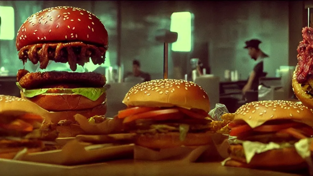 Prompt: the strange burger creature at the fast food place, film still from the movie directed by denis villeneuve and david cronenberg with art direction by salvador dali and zdzisław beksinski, wide lens