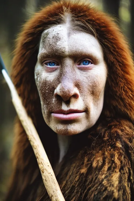 Image similar to a professional portrait photo of a gentle strong neanderthal woman in the forest in winter holding a spear, freckles and mud on face, black stripe painted side to side across her eyes, ginger hair and fur, extremely high fidelity, natural lighting,