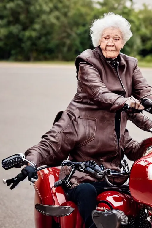 Image similar to a beautiful portrait photo of old grandmother riding on a Harley Davidson bike, cinematic masterpiece