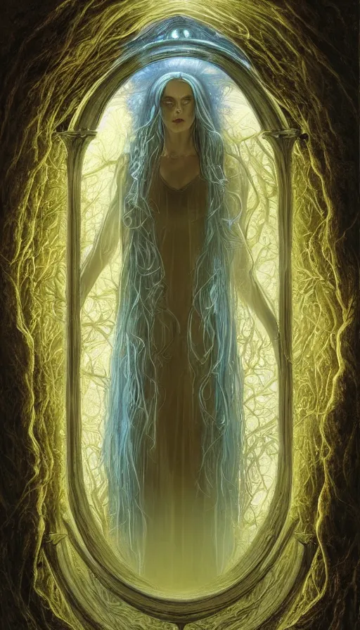 Prompt: goddess of illusion, beautiful, stunning, breathtaking, mirrors, glass, magic circle, magic doorway, fantasy, mist, bioluminescence, hyper - realistic, unreal engine, by john howe