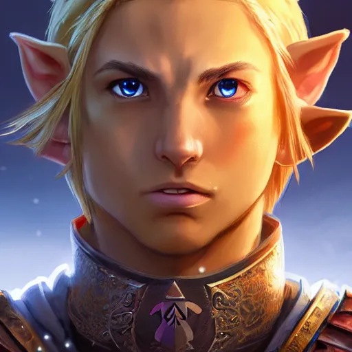 Prompt: front centered symmetrical RPG avatar portrait, Link legend of zelda as a young knight, blonde hair, ornate armour, dramatic lighting, cinematic, establishing shot, high detail, cinematic lighting, post processed, 8k, concept art, artstation, matte painting, in the style of eddie mendoza, raphael lacoste, alex ross