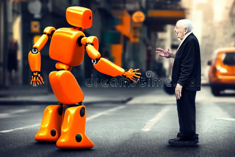 Image similar to : epic professional realistic photography of a orange robot + helping an elderly man cross the street + best on cgsociety, stock image, astonishing, impressive, outstanding, epic, cinematic, stunning, gorgeous, much detail, much wow,, masterpiece :