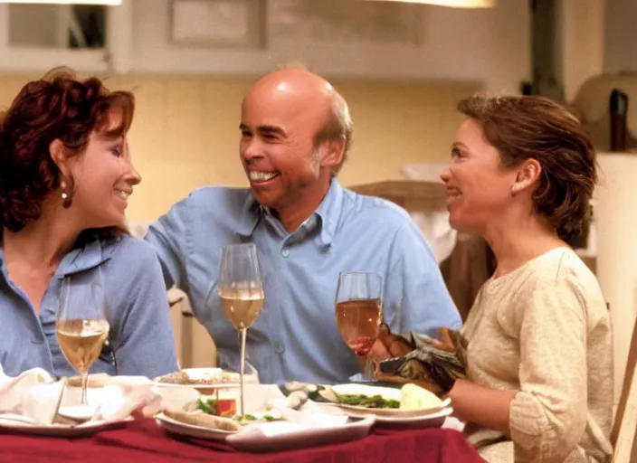 Prompt: film still of Clint Howard and Isla Fischer having dinner in the new You've Got Mail movie, 4k