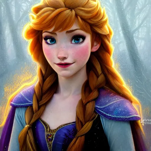 Image similar to Katherine McNamara as Anna from Frozen, western, D&D, fantasy, intricate, elegant, highly detailed, digital painting, artstation, concept art, matte, sharp focus, illustration, art by Artgerm and Greg Rutkowski and Alphonse Mucha