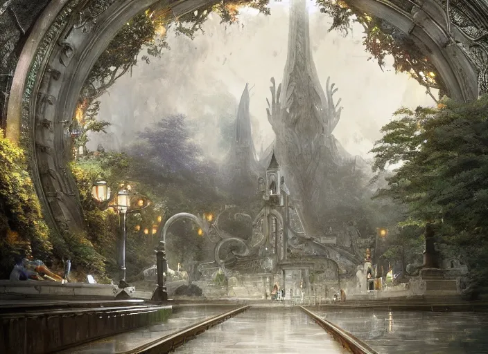 Image similar to A train subway inside a beautiful elven city made of white marble, anime, lush trees, fountain, statue, big clock, trains, a fantasy digital painting by Greg Rutkowski and James Gurney, trending on Artstation, highly detailed