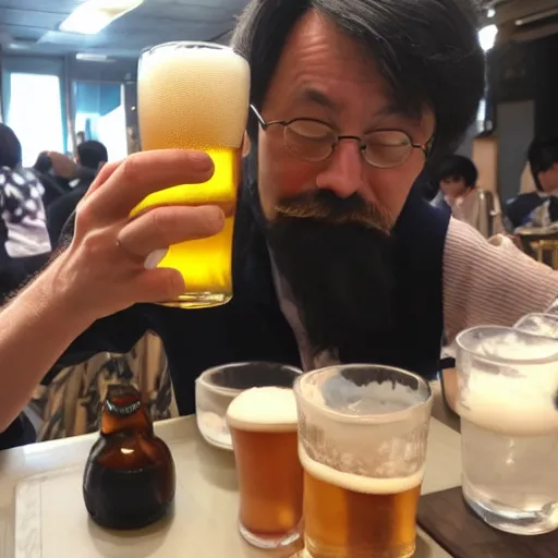 Prompt: Photo of a professor drinking beer in Tokyo