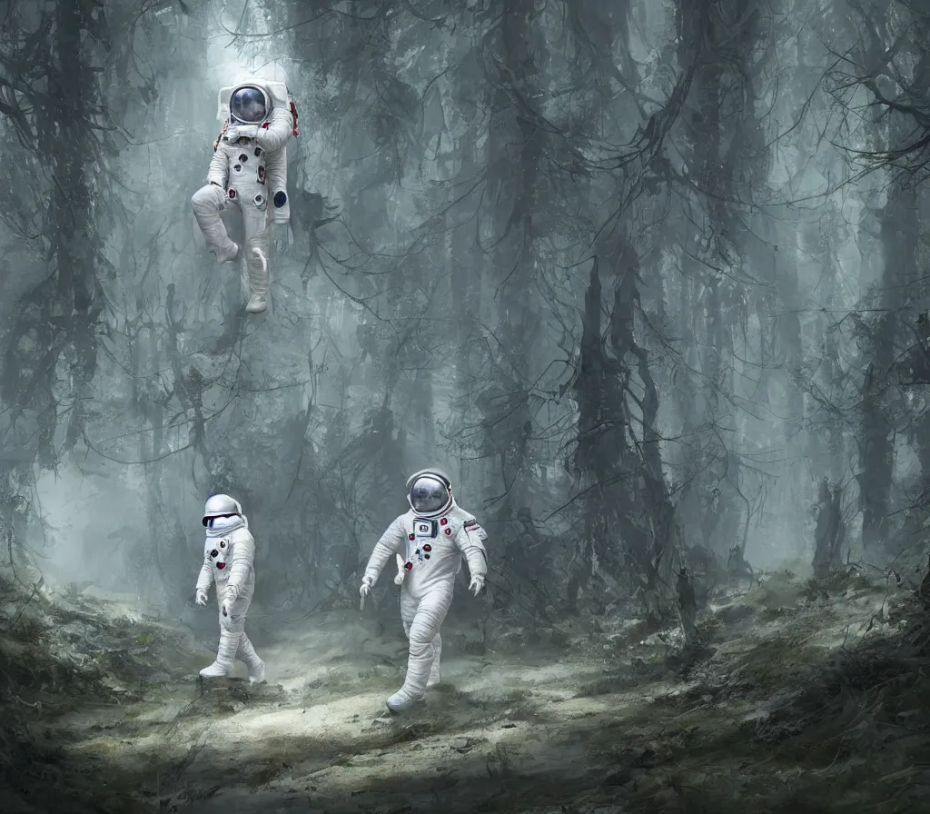 Prompt: modern scifi astronaut dressed in white suit is walking on the ground of a forest filled with demonic heads and claws, by blizzard concept artists