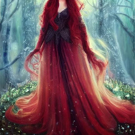 Image similar to Fantastic, fairytale, portrait, painting, beautiful!, female mage, long flowing red hair, light emitting from fingertips, ornate gown, smoldering, serious, royalty kingdom, royal court, hyperreal, photoreal