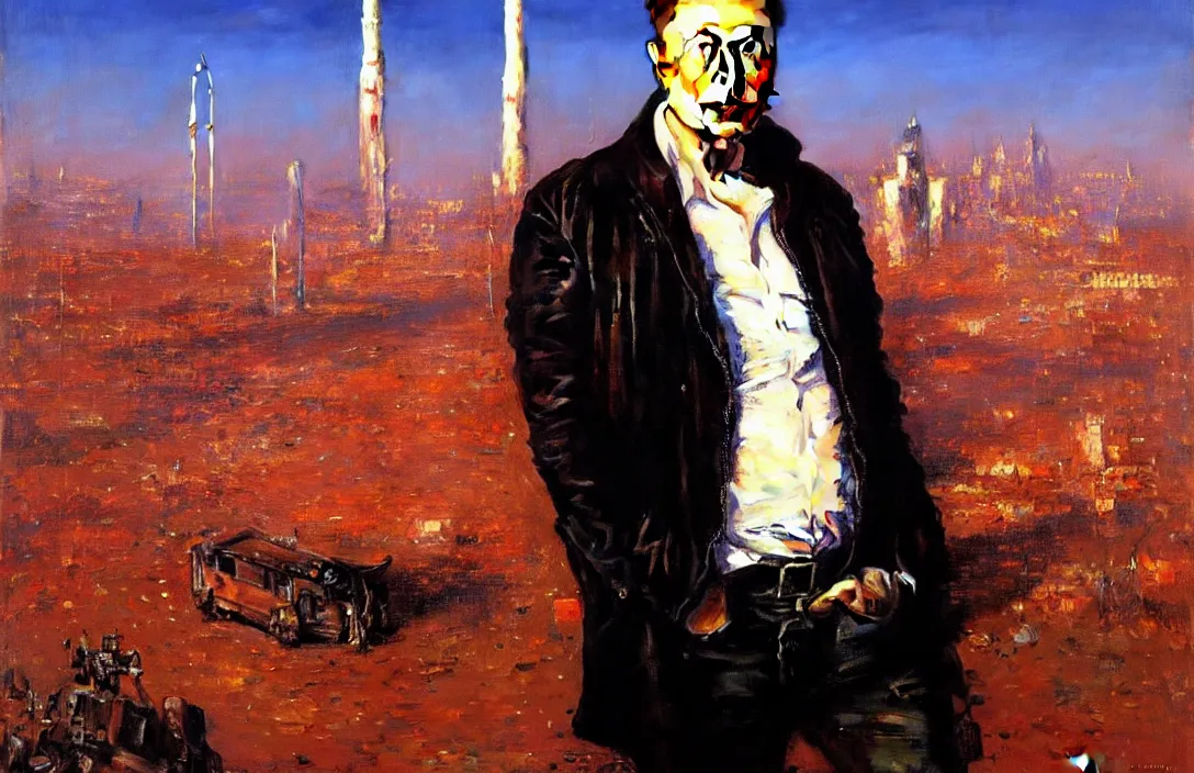 Image similar to portrait of elon musk!!!!!!!!!!!!!!!!!!!!!!!!!!!, detailed face, detailed painting, detailed city background, epic lighting, by ilya repin and phil hale