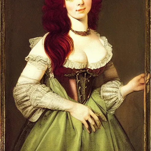 Prompt: portrait of a 40 years old women, dark red hair, green eyes, in medieval clothing, painting by Rosalba Carriera, Anton Mengs, Thomas Gainsborough, Élisabeth Vigée-Lebrun