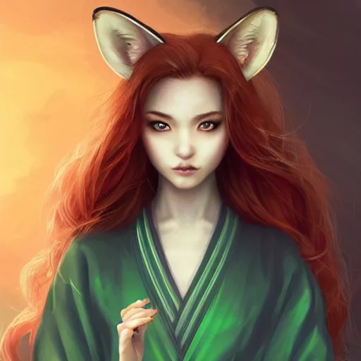 Prompt: portrait of a beautiful fox woman with fox ears , gorgeous ginger hair with white highlights, green jade eyes, wearing a kimono, clear dark complexion, symmetrical face, Instagram aesthetic, cinematic, WLOP, artgerm, Jason Chan, Charlie Bowater