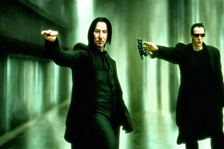 Image similar to film still of Alan Rickman as Neo in The Matrix 1999