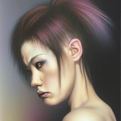 Image similar to A young woman with dyed hair hair looking disgusted away from the camera, Punk, Portrait by Noriyoshi Ohrai, rendered in octane, oil on canvas