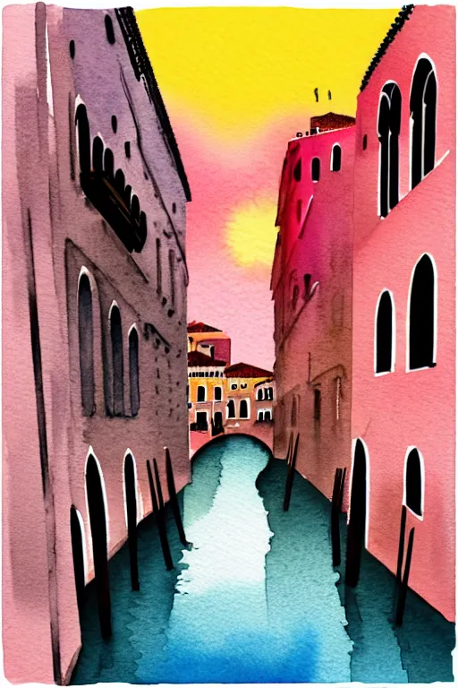 Image similar to minimalist watercolor art of venice at sunset, illustration, vector art